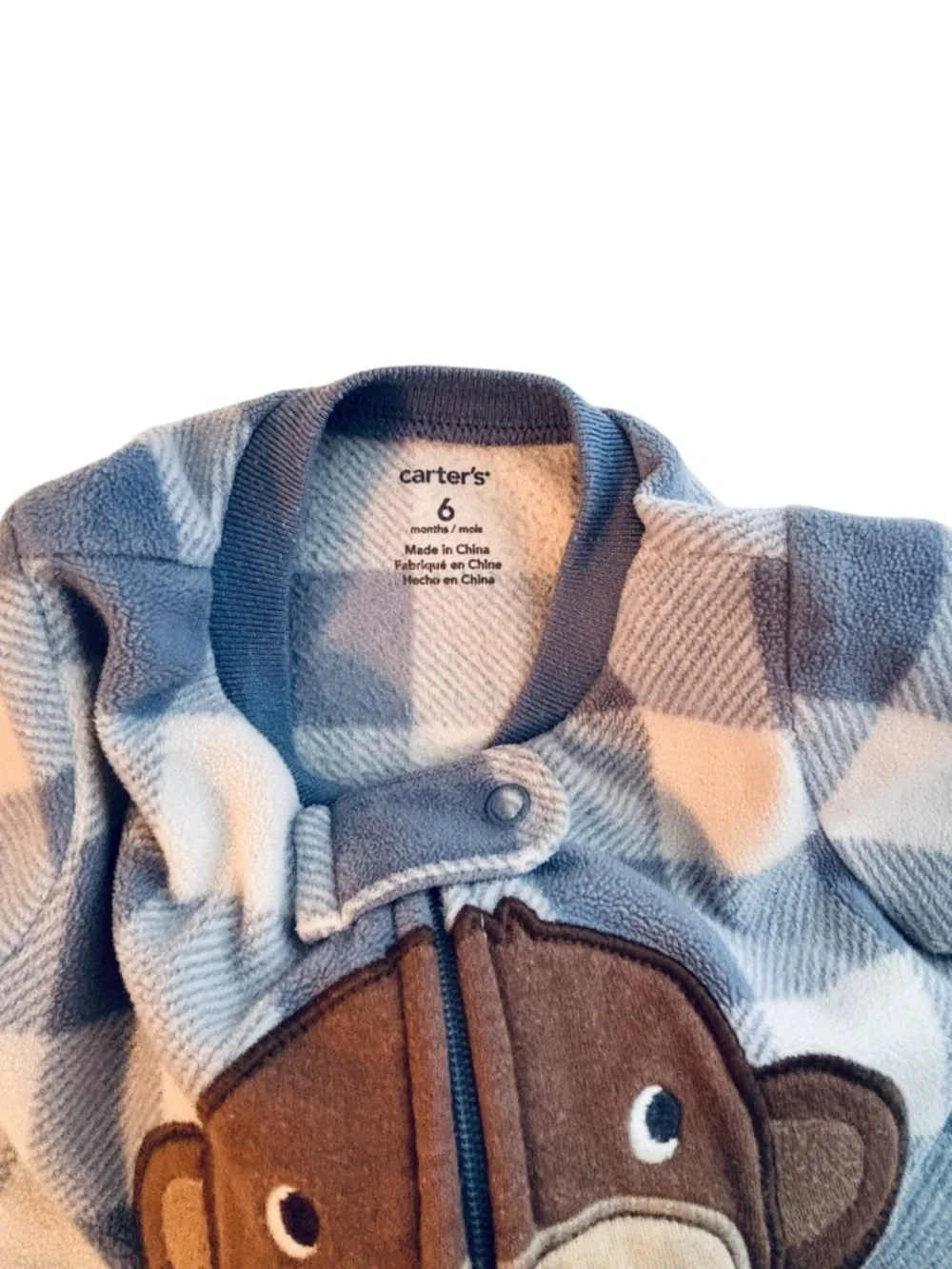 Carter's Blue and Cream Plaid Monkey Fleece Footed One-Piece 6 Months 8 0556
